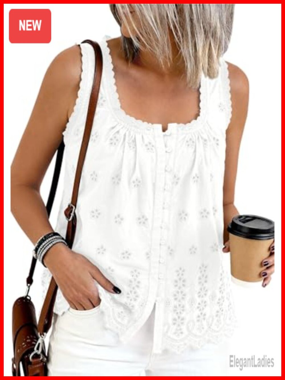 Lace Tank Top Embroidery Eyelet Blouse Button Down Square Neck
